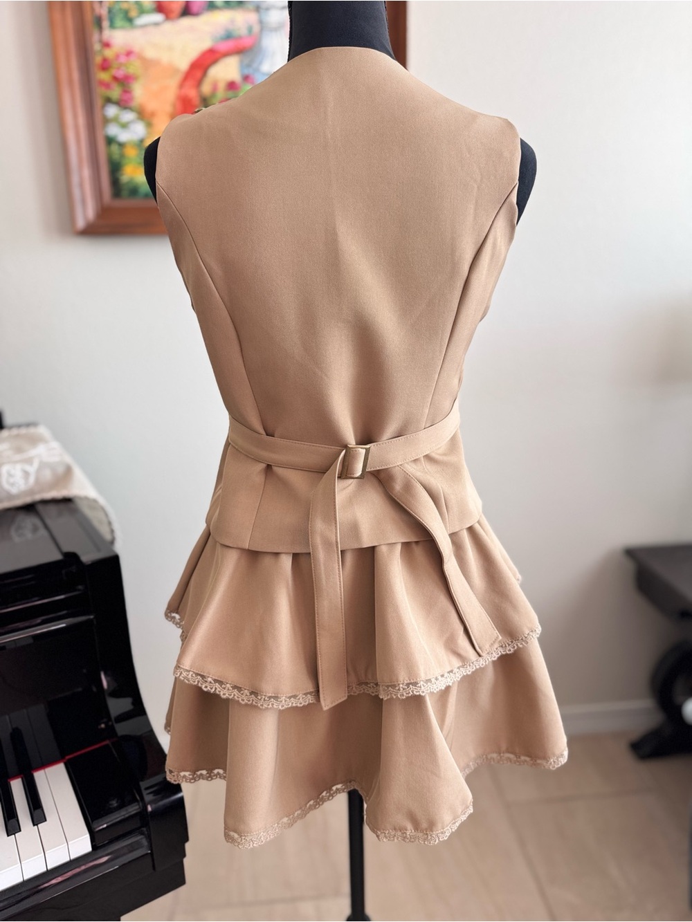 Classic Tan Tiered 2-pc Dress with Buttoned Vest - Picture 7 of 14